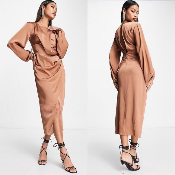 River Island Twist Midi Dress Long Sleeve Satin Womens Size 6 - Picture 1 of 10